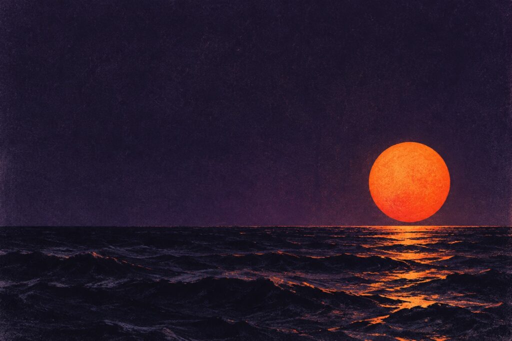An orange sun above a dark purple ocean, illustrated as a textured print.