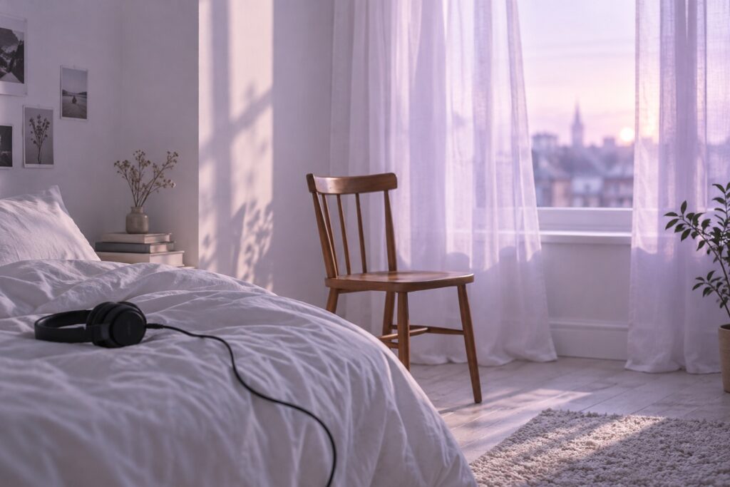 An empty chair beside a lavender-lit window and headphones on a bed.