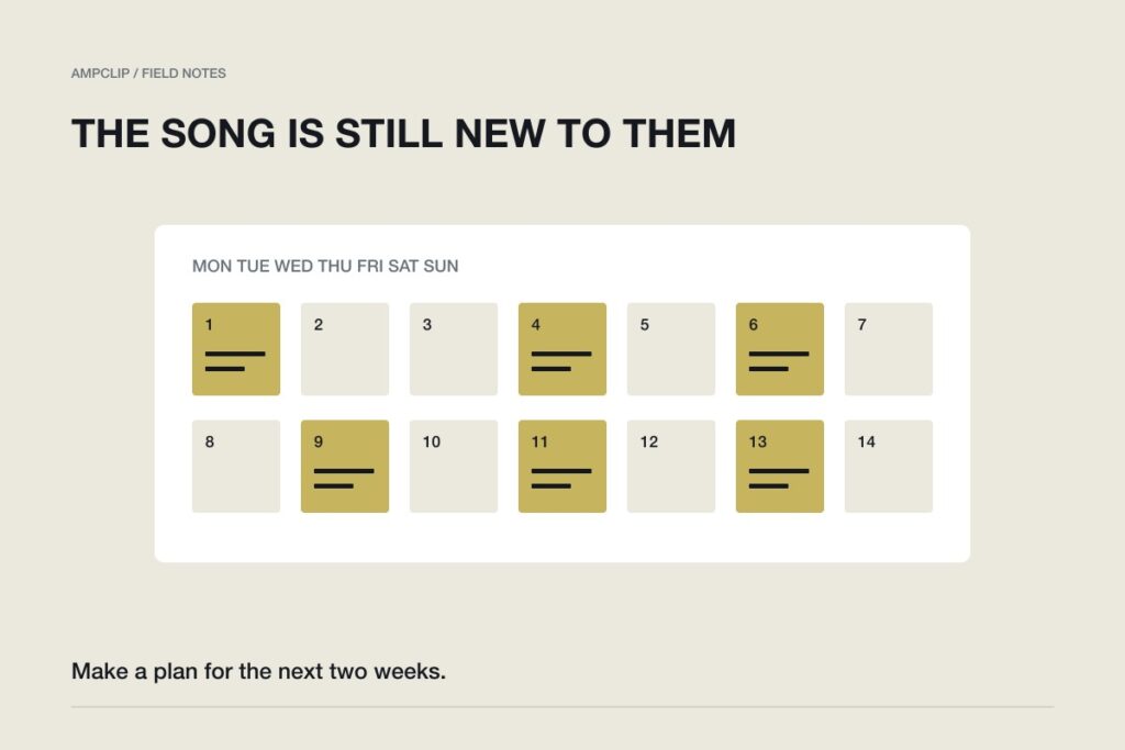 An illustrated two-week music-promotion calendar with distinct post markers.