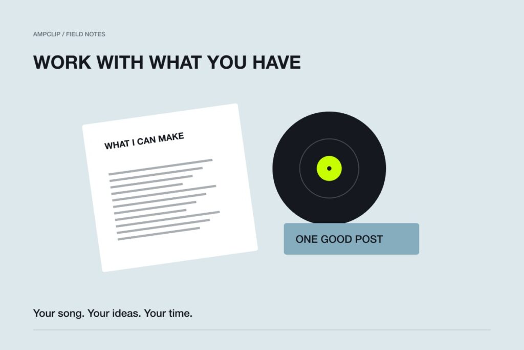 An editorial arrangement of a song record, a notes sheet and a simple post sketch.