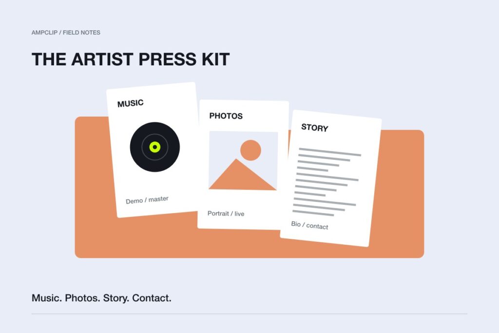 An illustrated artist press kit with separate music, photo, biography and contact sheets.