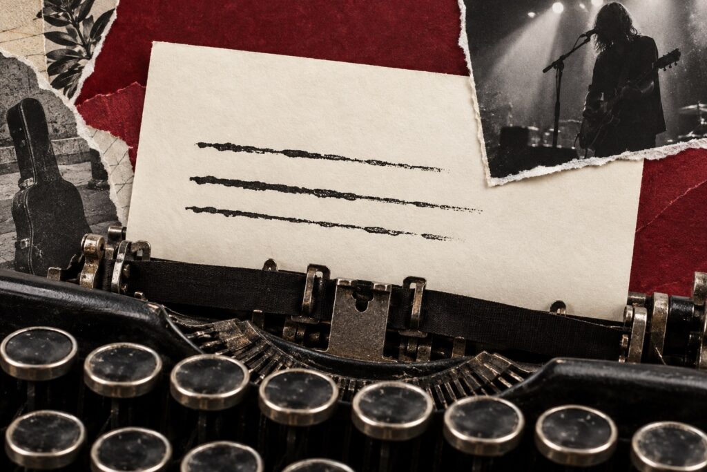 Vintage typewriter keys beneath torn paper and music photos on a maroon background.