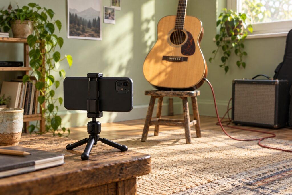 A phone on a small tripod facing an acoustic guitar in a sunlit room.