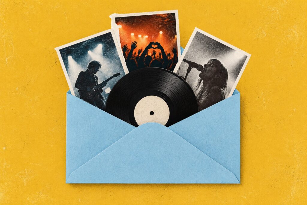 A blue envelope holding a record and concert photographs on a yellow background.