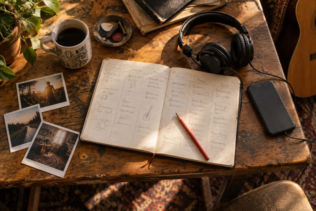 Headphones, a weekly planner, and photo prints on a sunlit musician's desk.