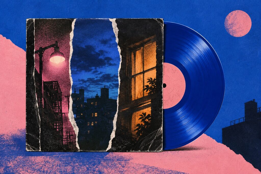 Blue vinyl record beside a torn-paper sleeve collage of city nights.