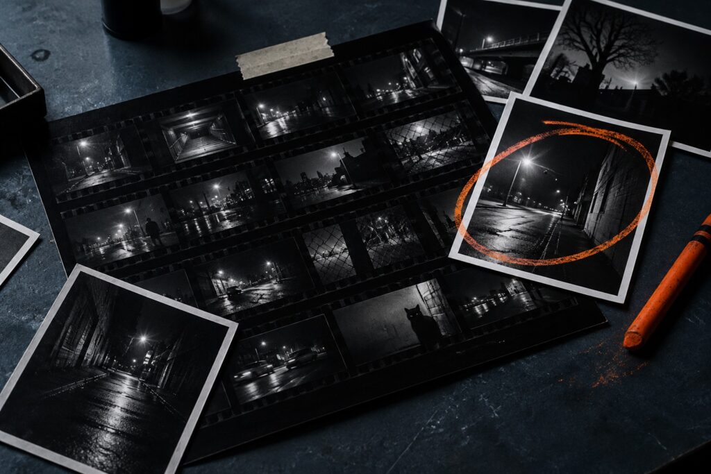 Dark photographic contact sheet with one image circled in orange.