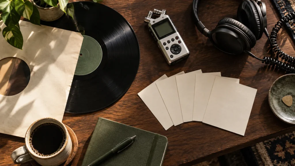 Vinyl record, audio recorder, headphones and blank release-planning cards on a wooden desk.