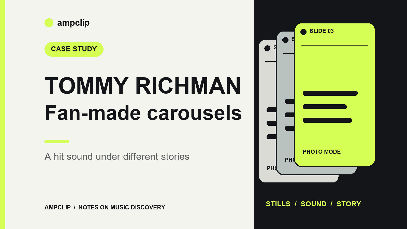 TOMMY RICHMAN Fan-made carousels: A hit sound under different stories — AmpClip editorial illustration