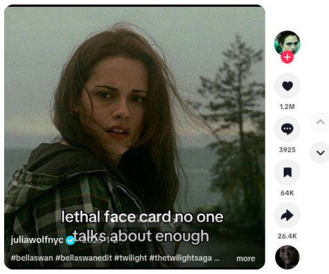 Bella Swan pack, slide 1 of 7: the same "lethal face card" hook. @juliawolfnyc · Photo Mode · original sound (as captured) · approx. 8.4M views (profile grid) / 1.2M likes (live TikTok UI 2026-10-06) · https://www.tiktok.com/@juliawolfnyc/photo/7455372832659295519
