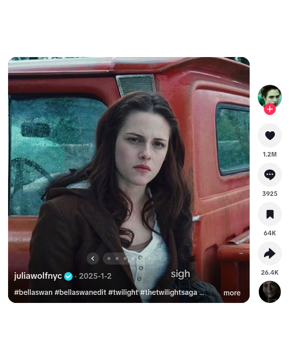 Slide 7 of 7 (last), overlay "sigh". @juliawolfnyc · Photo Mode · original sound (as captured) · approx. 8.4M views (profile grid) / 1.2M likes (live TikTok UI 2026-10-06) · https://www.tiktok.com/@juliawolfnyc/photo/7455372832659295519