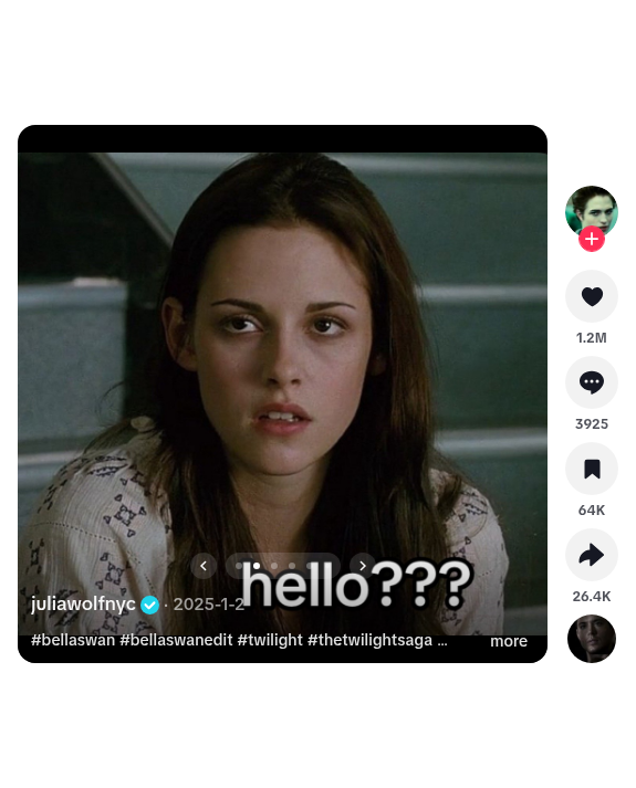 Slide 2 of 7, overlay "hello???". @juliawolfnyc · Photo Mode · original sound (as captured) · approx. 8.4M views (profile grid) / 1.2M likes (live TikTok UI 2026-10-06) · https://www.tiktok.com/@juliawolfnyc/photo/7455372832659295519