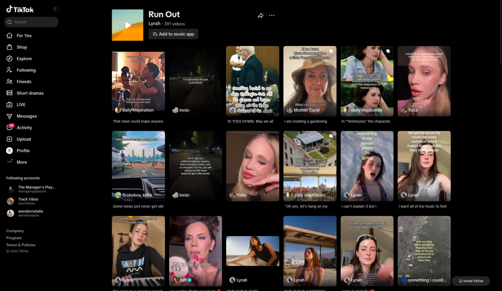 Lyrah Run Out sound page header and top posts (browser capture 2026-10-07) · https://www.tiktok.com/music/Run-Out-7634735736372021249