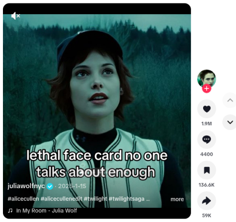 Alice Cullen pack, slide 1 of 8: "lethal face card no one talks about enough." @juliawolfnyc · Photo Mode · In My Room · approx. 1.9M likes / 136.6K saves (live TikTok UI 2026-10-06) · https://www.tiktok.com/@juliawolfnyc/photo/7460189005557026079