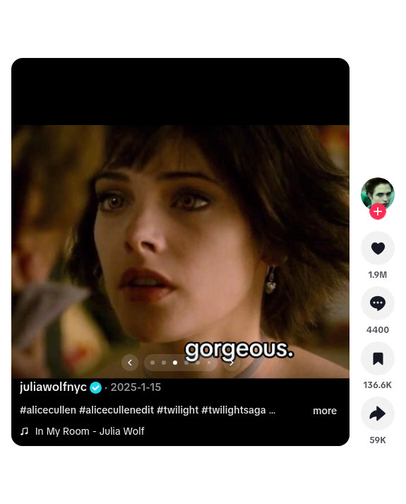 Slide 3 of 8, overlay "gorgeous." @juliawolfnyc · Photo Mode · In My Room · approx. 1.9M likes / 136.6K saves (live TikTok UI 2026-10-06) · https://www.tiktok.com/@juliawolfnyc/photo/7460189005557026079