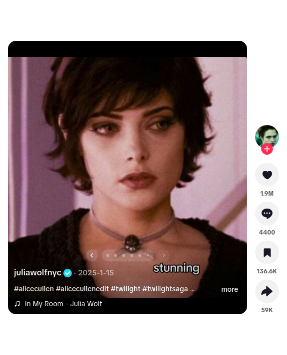 Slide 8 of 8 (last), overlay "stunning". @juliawolfnyc · Photo Mode · In My Room · approx. 1.9M likes / 136.6K saves (live TikTok UI 2026-10-06) · https://www.tiktok.com/@juliawolfnyc/photo/7460189005557026079