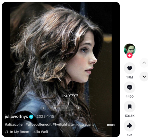 Slide 2 of 8, overlay "like????". @juliawolfnyc · Photo Mode · In My Room · approx. 1.9M likes / 136.6K saves (live TikTok UI 2026-10-06) · https://www.tiktok.com/@juliawolfnyc/photo/7460189005557026079