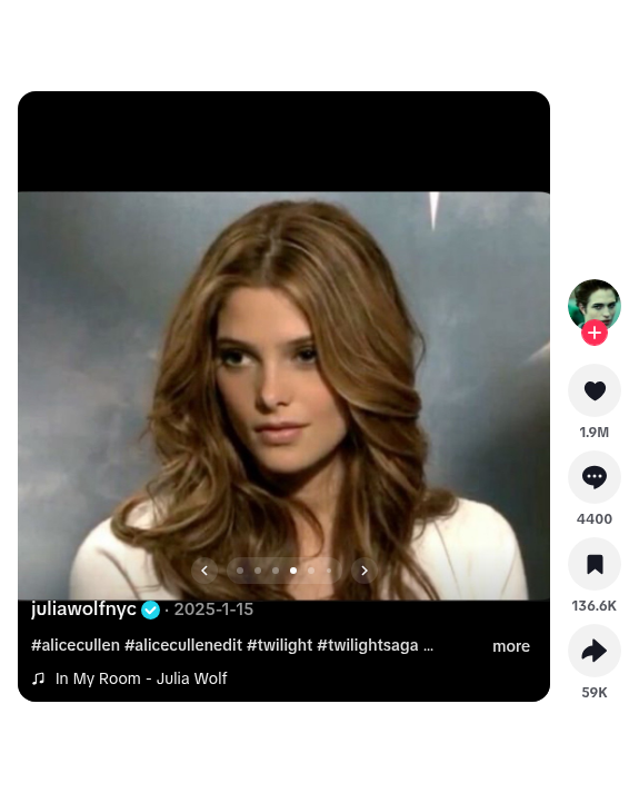 Slide 4 of 8. @juliawolfnyc · Photo Mode · In My Room · approx. 1.9M likes / 136.6K saves (live TikTok UI 2026-10-06) · https://www.tiktok.com/@juliawolfnyc/photo/7460189005557026079